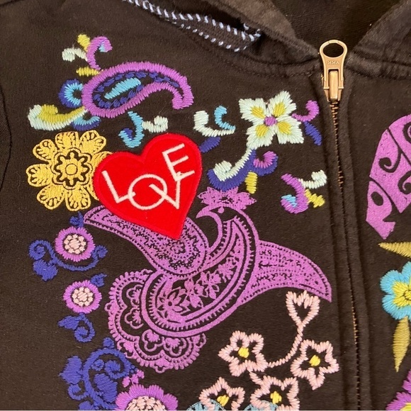 INC Y2K Ed Hardy Style Peace & Love Hippie Floral Embroidery Hoodie Black S - Picture 12 of 16